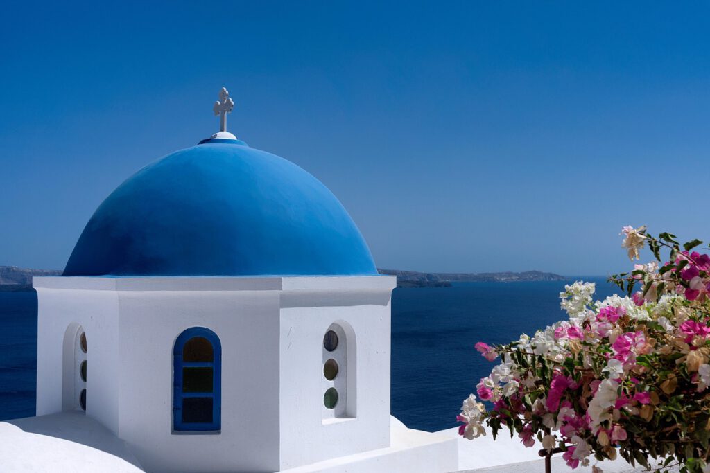 santorini, blue, dome, island, greece, travel, vacation, mediterranean, architecture, blue sky, landmark, famous, nature, tourist, church, sky, holiday, caldera