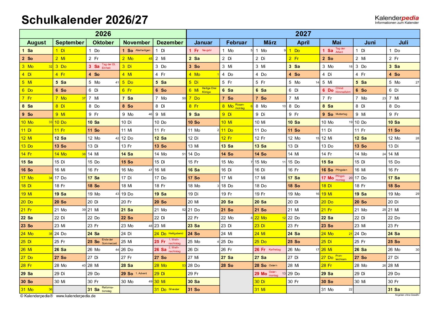 Schulkalender 2026/2027